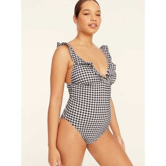 J. Crew Other - J.Crew Ruffle V Neck One Piece Gingham Swimsuit Padded Navy Retro US 24 NWT